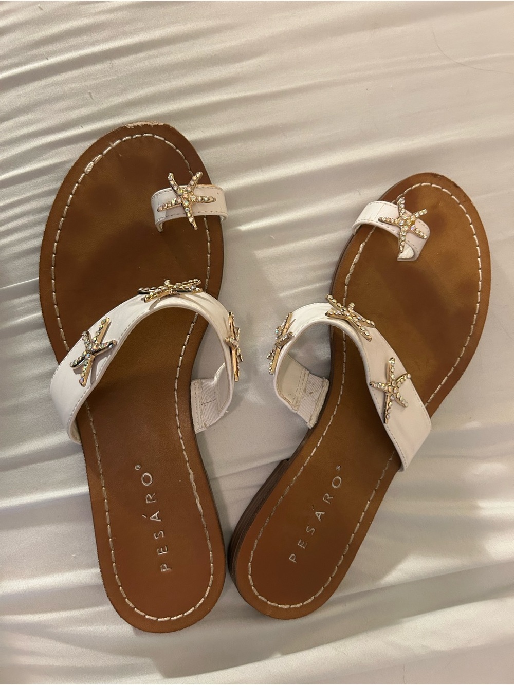 Pesaro White Leather Sandals with Gold Starfish Accents